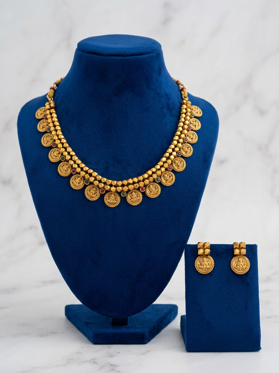 Antique Gold Geometric Bead & Lakshmi Kasu Mala Set