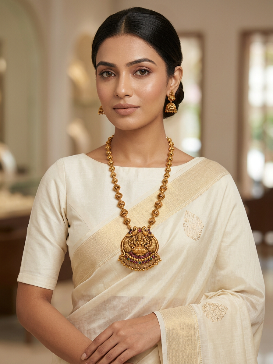 Antique Gold Peacock Lakshmi Pendant Haram & Jhumka Set
