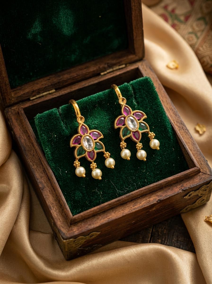 Traditional Antique Gold Star-Floral Clip-On with Clear, Ruby & Emerald Stones