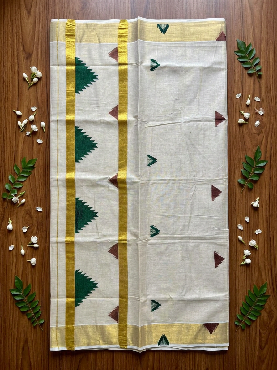 Off-White Tissue Saree with Lustrous Gold Zari Border and Striking Dual-Tone Green and Brown Geometric Temple Motifs
