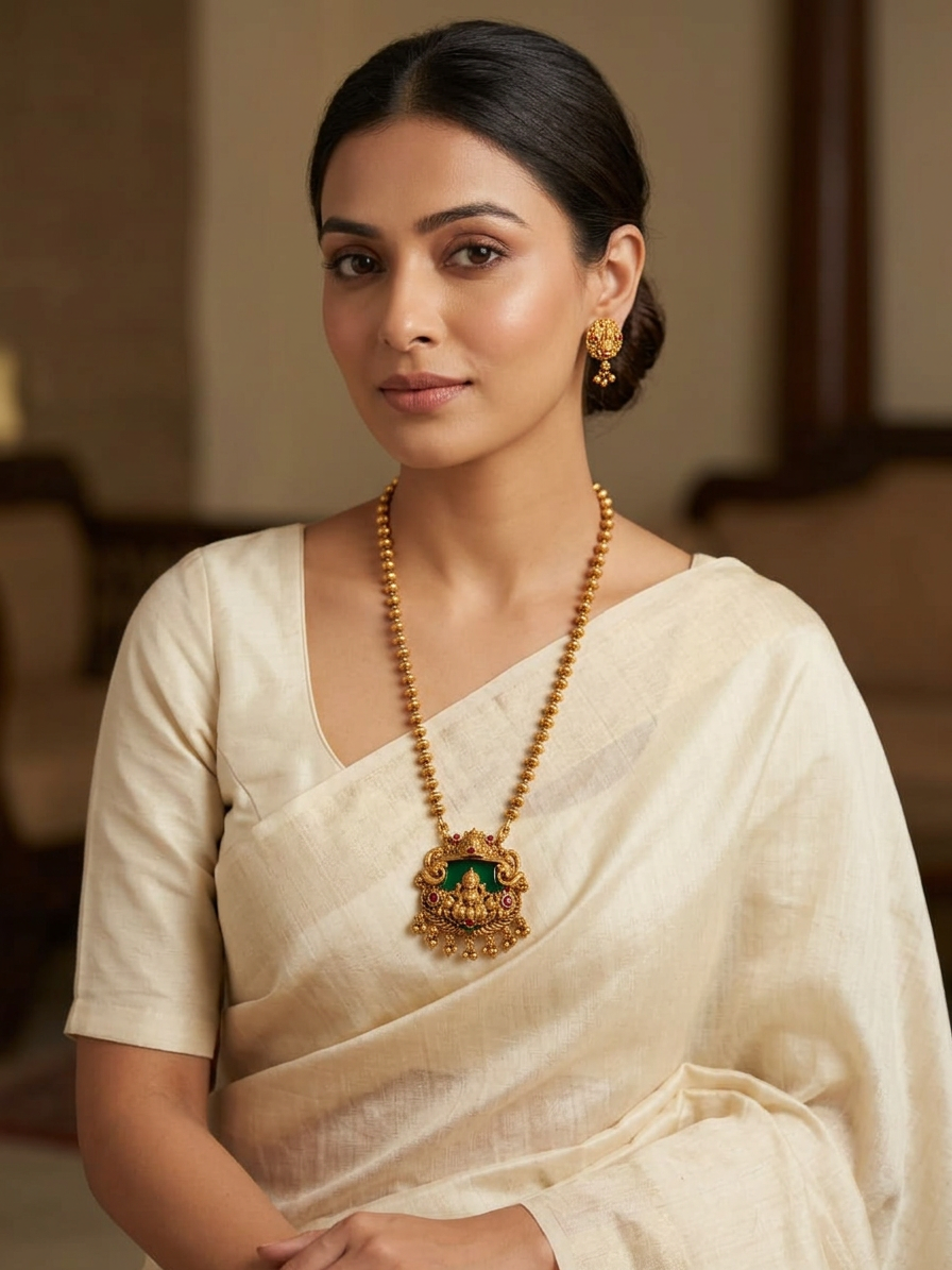 Antique Gold Beaded Emerald Lakshmi Pendant Necklace Set