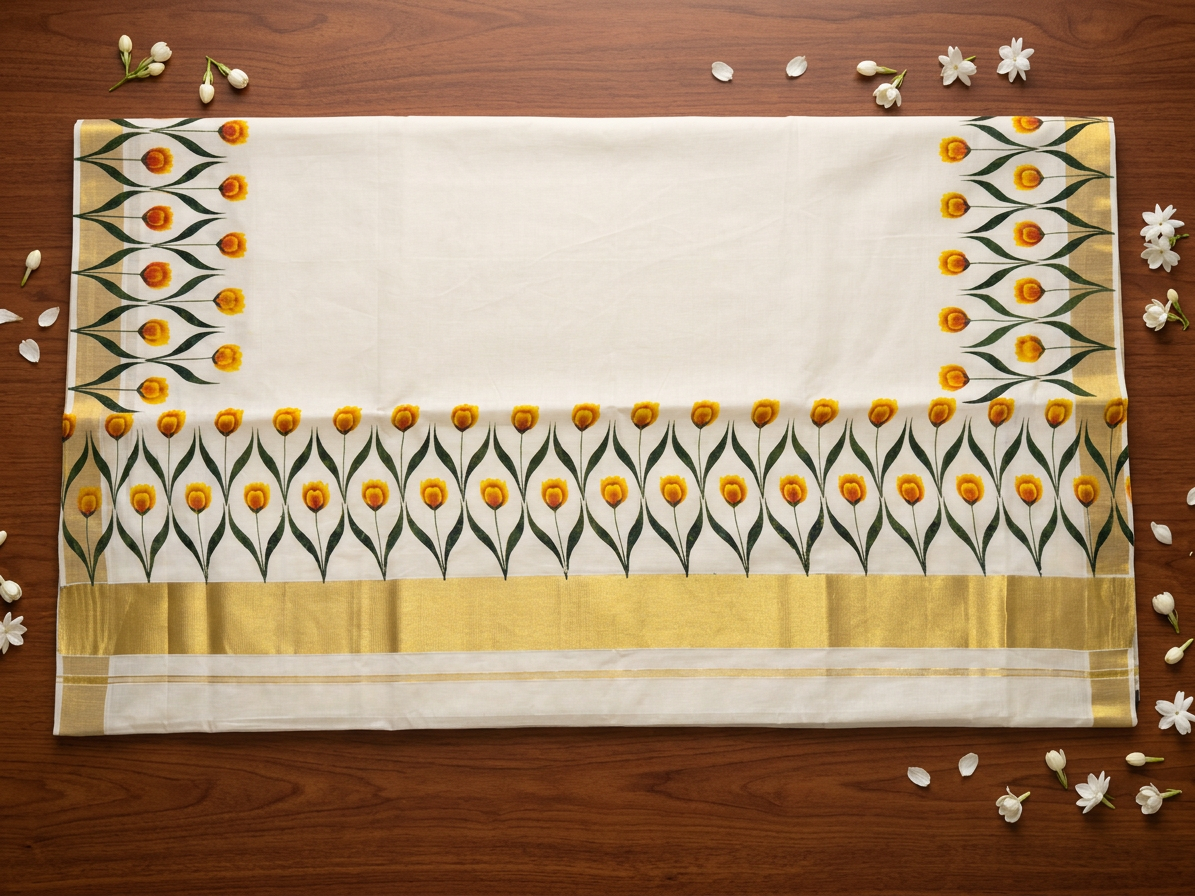 Sunlit Tulip Lattice Kerala Kasavu Saree