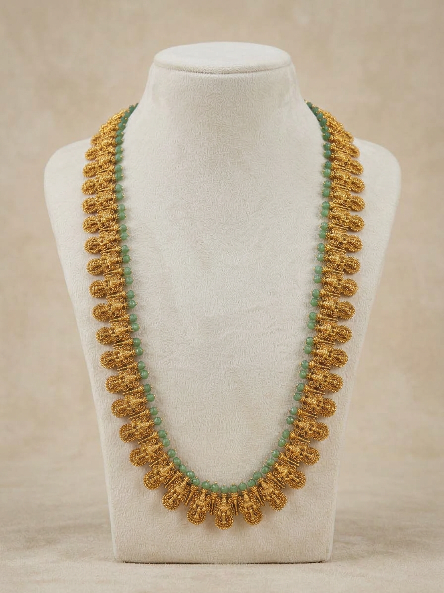 Antique Gold Temple Motif & Green Bead Long Haram