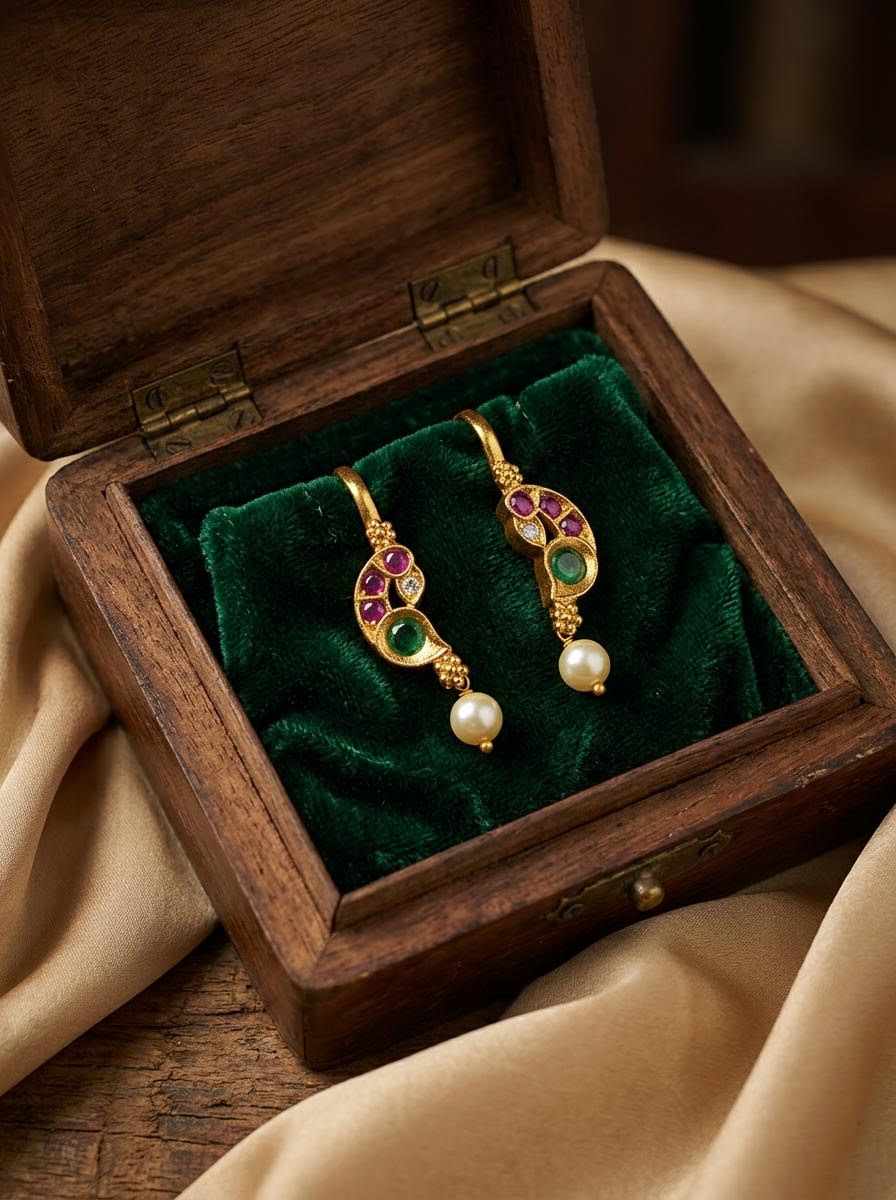 Traditional Antique Gold Crescent Paisley Clip-On Bugadi with Multicolor Stones & Pearl Drop