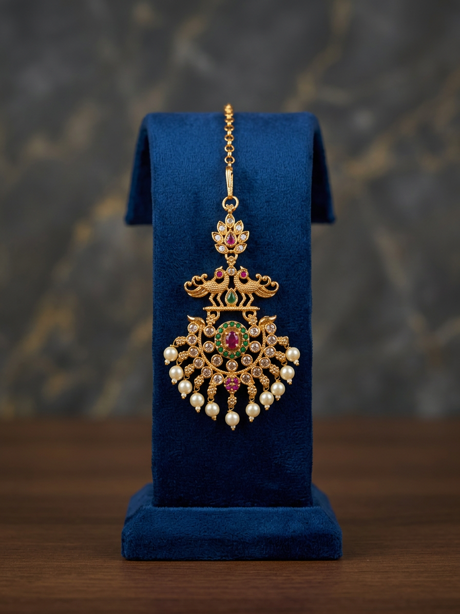 Antique Gold Double Peacock & Pearl Maang Tikka
