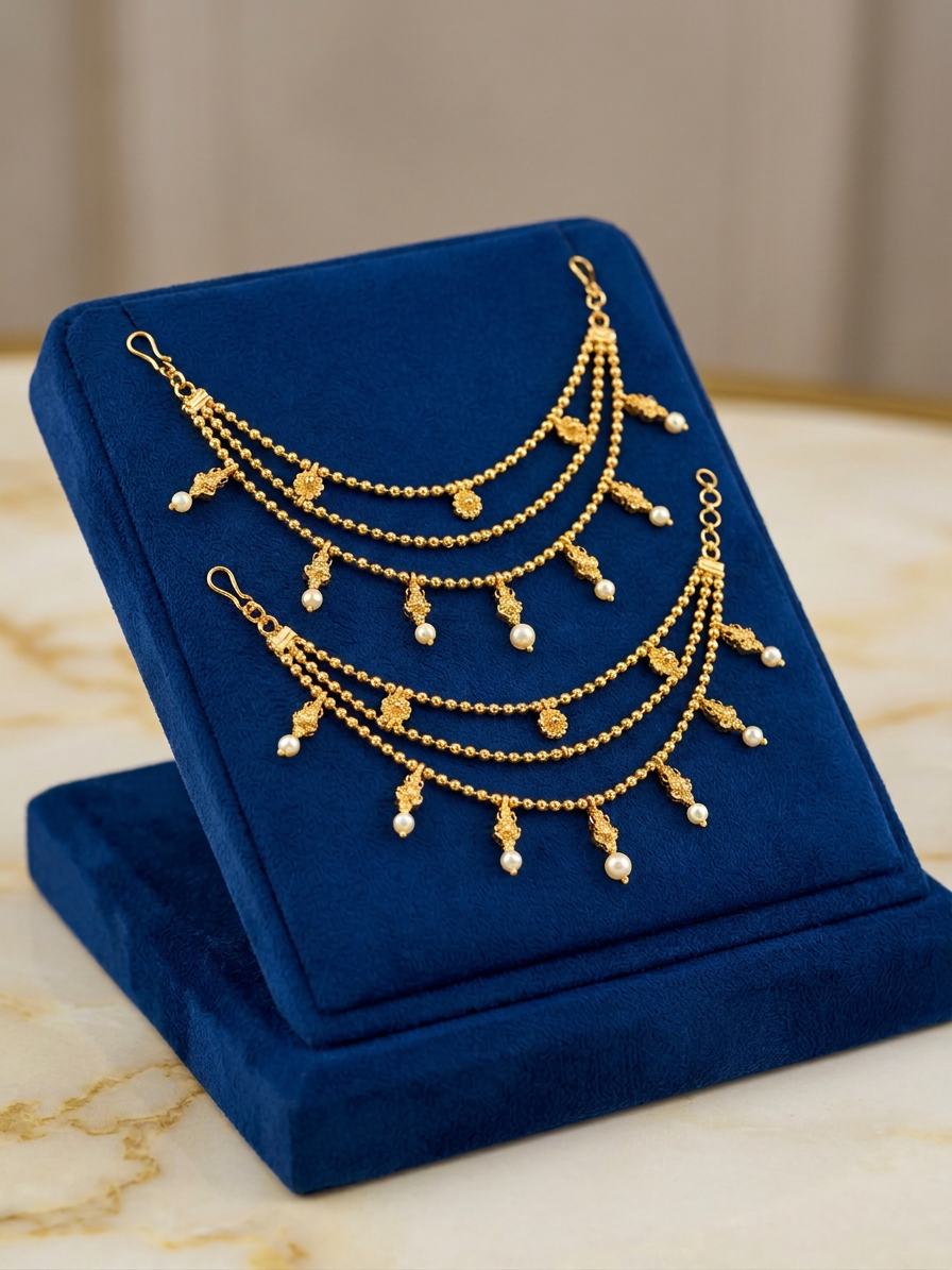Gold Beaded Multi-Layered Ear Chains with Pearl Drops