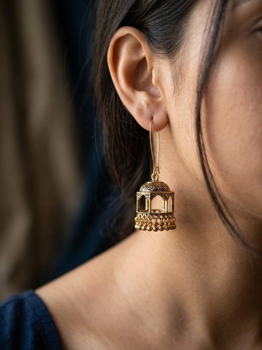 Antique Gold Birdcage Jhumka Drop Earrings