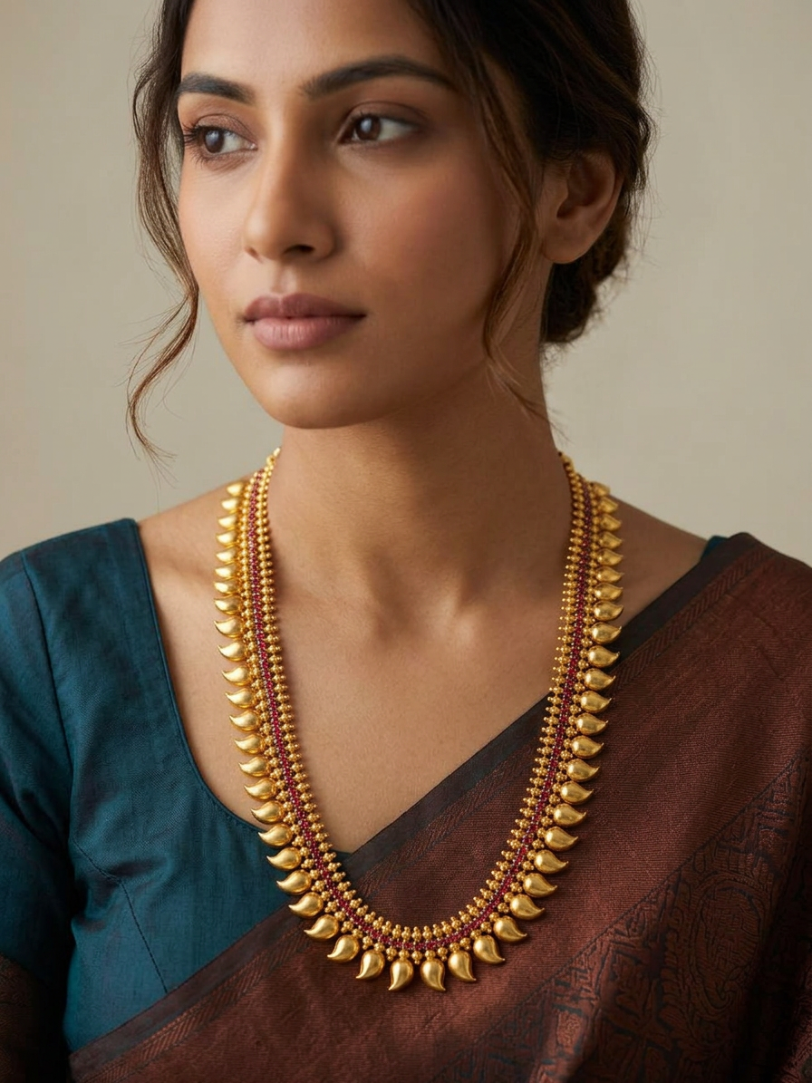 Heritage Golden Manga Mala: Traditional Kemp Stone Long Haaram