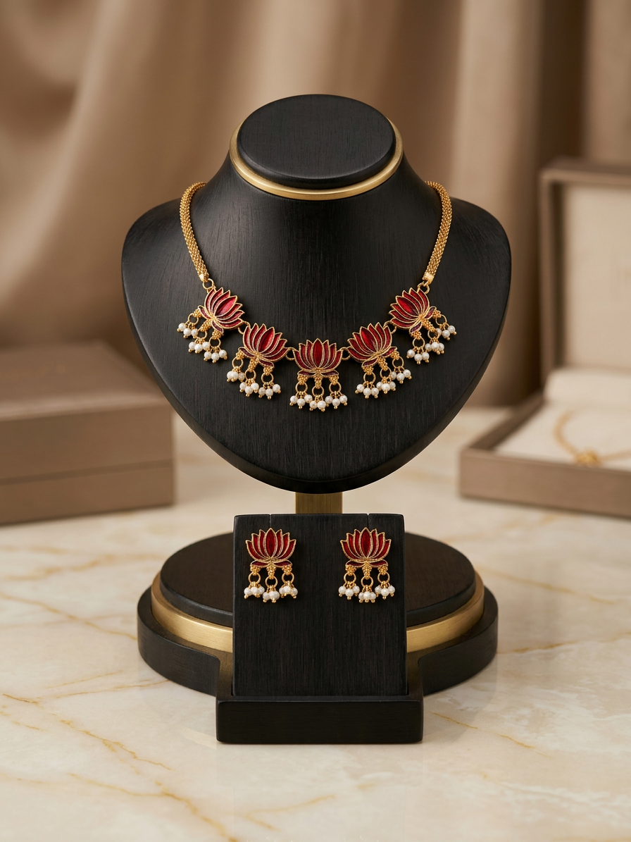 Kamala Crimson Lotus & Pearl Choker Set