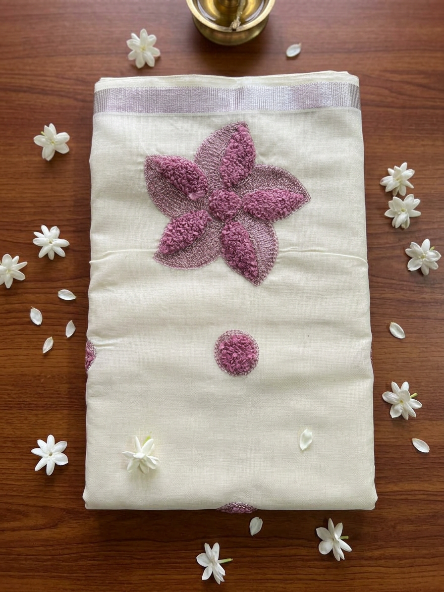 Mauve Blossom Textured Embroidery Kerala Saree