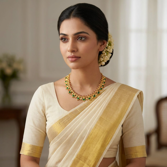 Traditional Emerald Palakka & Ruby Kemp Leaf Choker Necklace