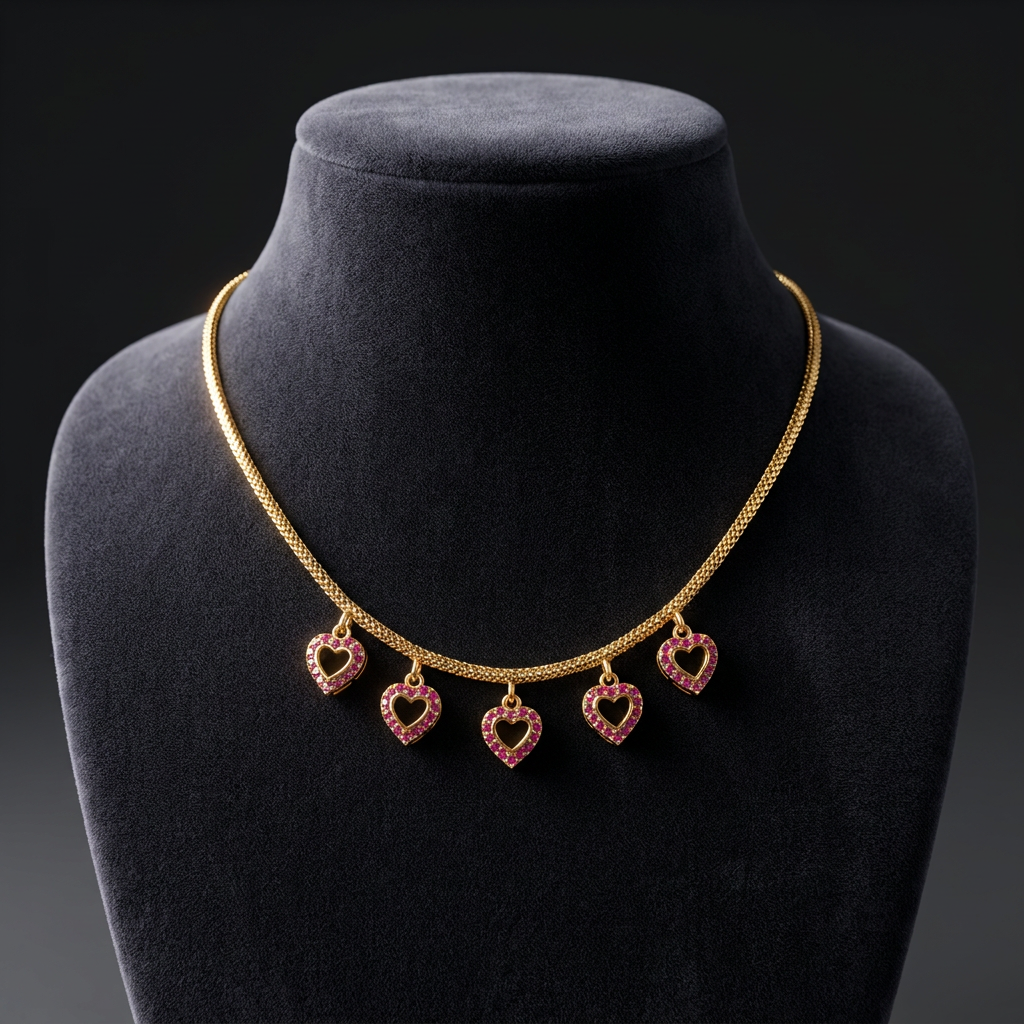 Dainty Gold & Ruby Kemp Pavé Heart Charm Station Necklace