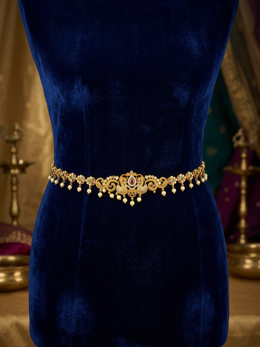 Antique Gold Peacock Motif Vaddanam with Ruby & Pearls