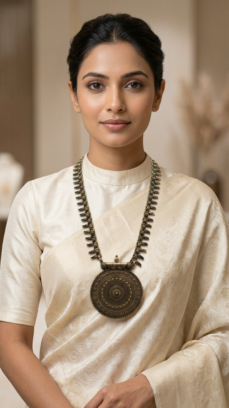 Antique Gold Tribal Medallion Long Haaram with Stylized Leaf Chain