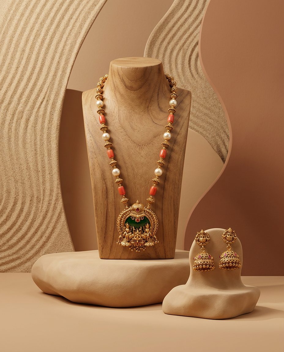 Antique Gold Temple Haram Necklace Set with Jhumkas