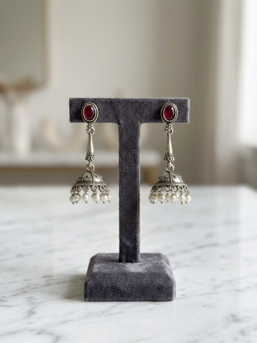 Teardrop Stone Oxidised Silver Pearl Jhumka Earrings