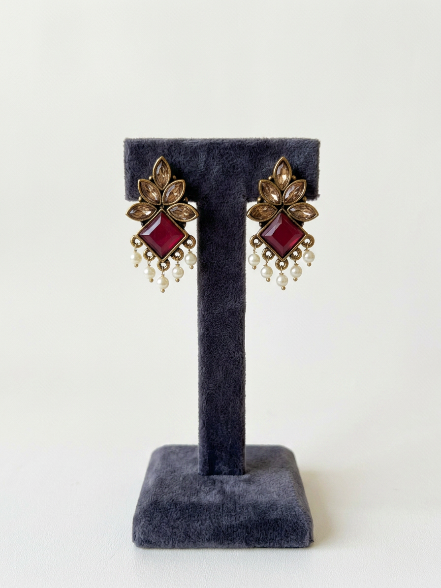 Geometric Diamond Stone & Pearl Antique Stud Earrings