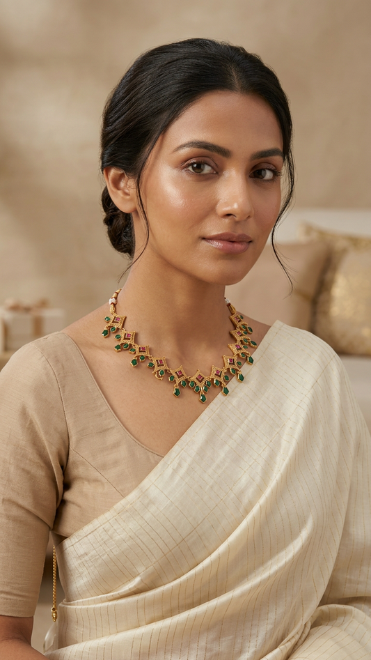 Contemporary Matte Gold Geometric Ruby & Emerald Choker Set