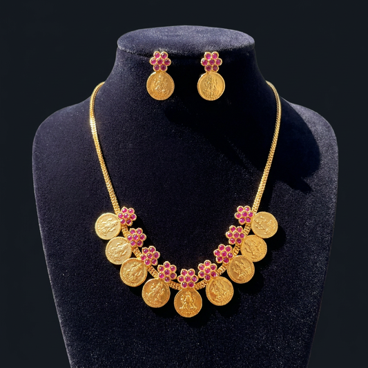 Sowbhagya Lakshmi Coin & Kemp Floral Gold Necklace Set