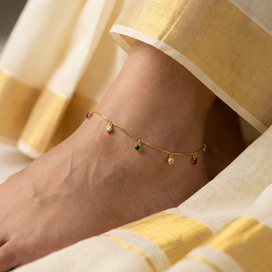 Hridayam Tri-Color Gemstone Gold Charm Anklet (10 inch length)