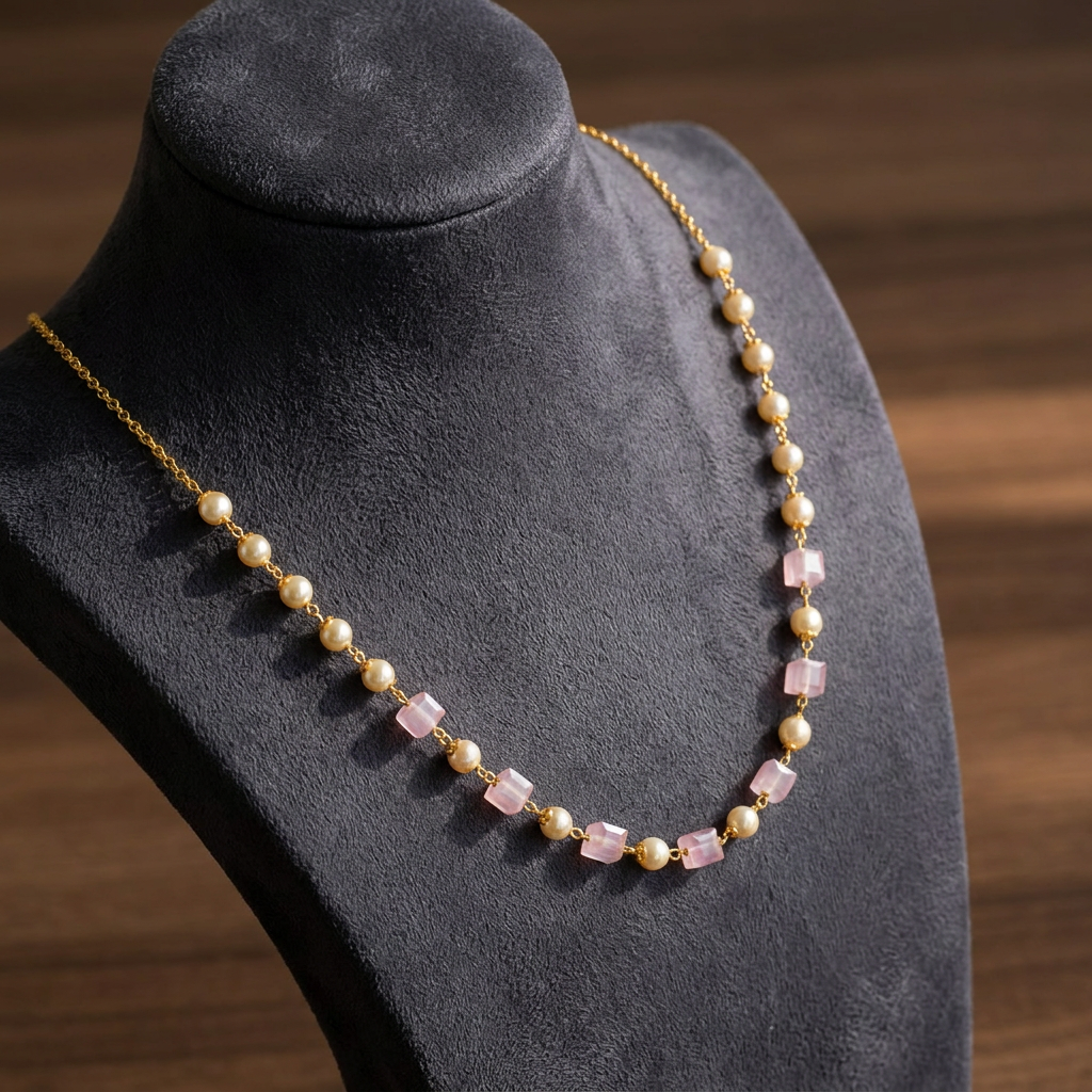 Mridula Rose Quartz & Pearl  Gold Station Mala