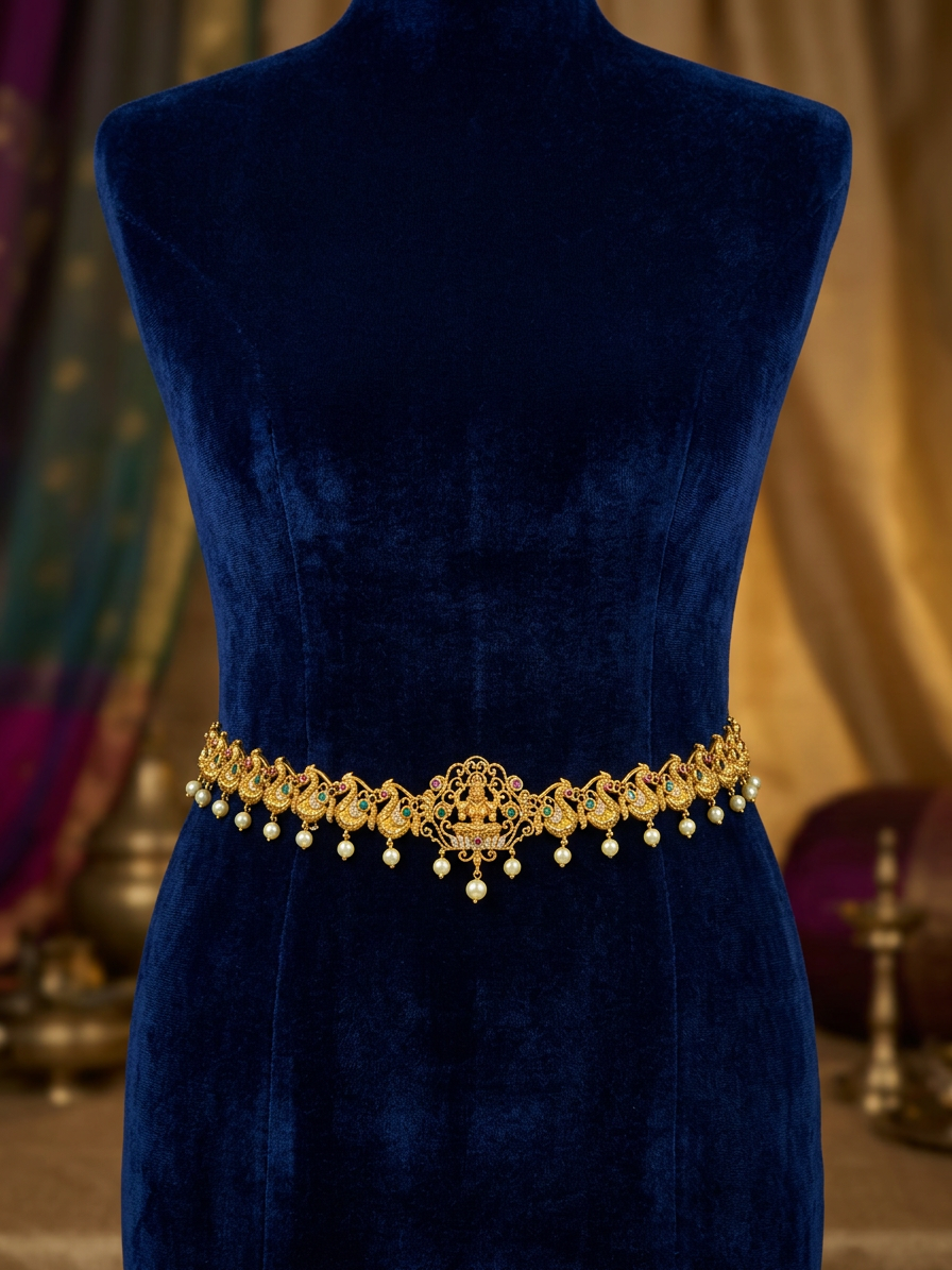 Antique Gold Lakshmi & Peacock Motif Bridal Vaddanam