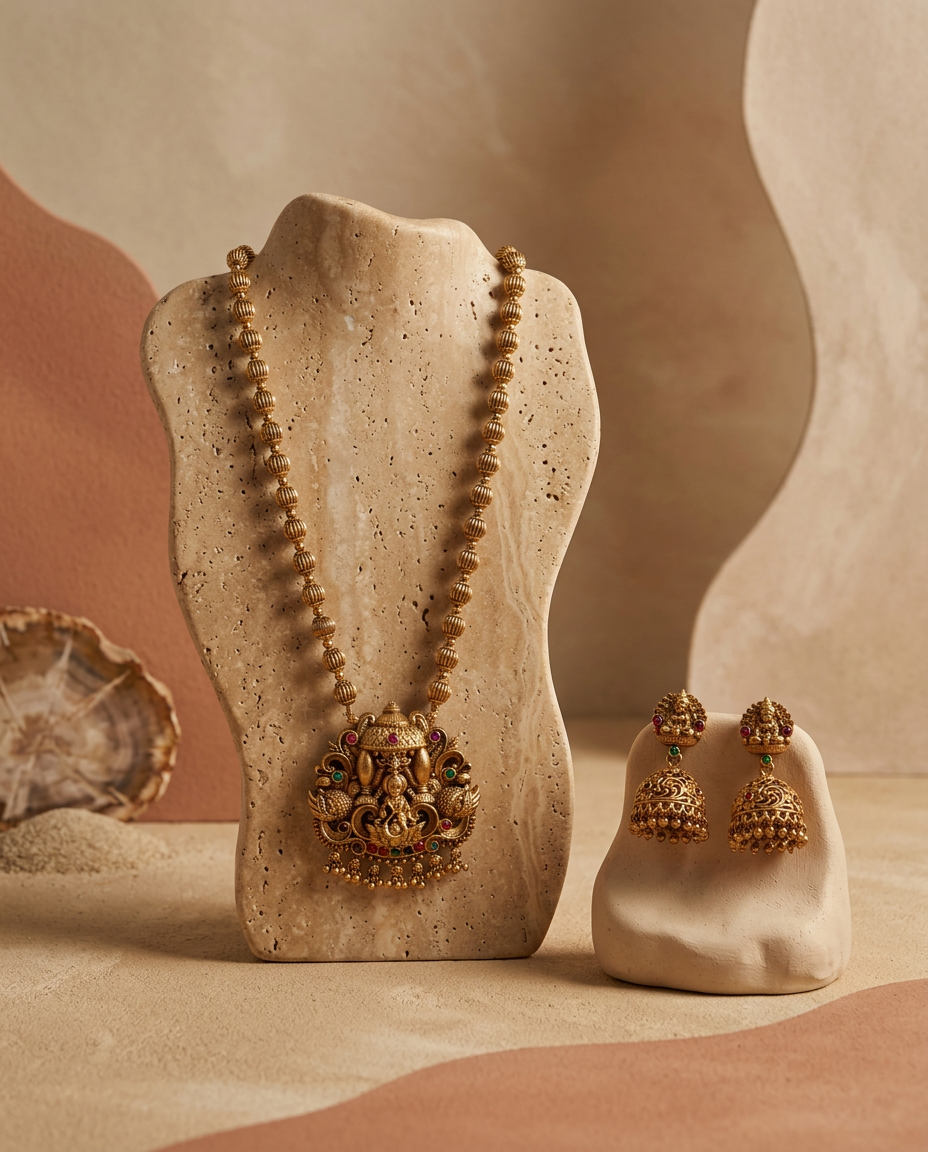 Antique Gold Lakshmi Temple Haram Necklace Set with Jhumkas