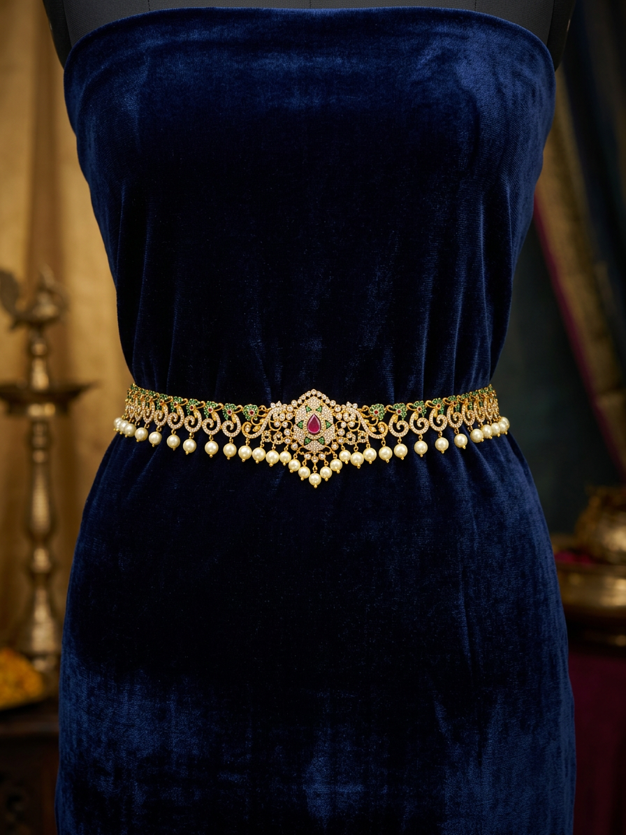 Radiant CZ & Pearl South Indian Bridal Vaddanam (Waist Belt)
