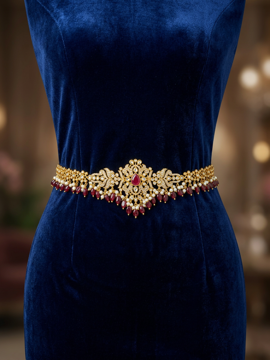 Regal CZ & Ruby Drop Bridal Waist Belt