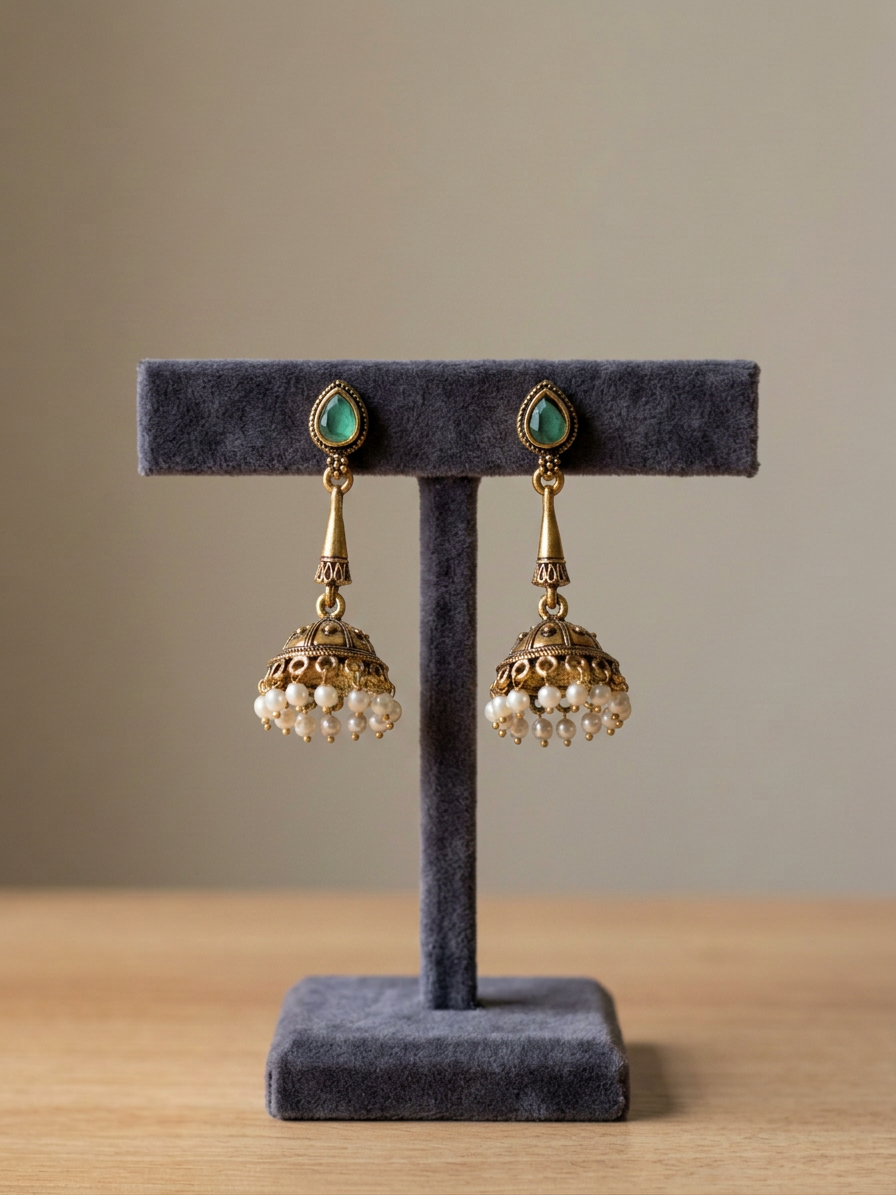 Teardrop Stone Antique Gold Pearl Jhumka Earrings