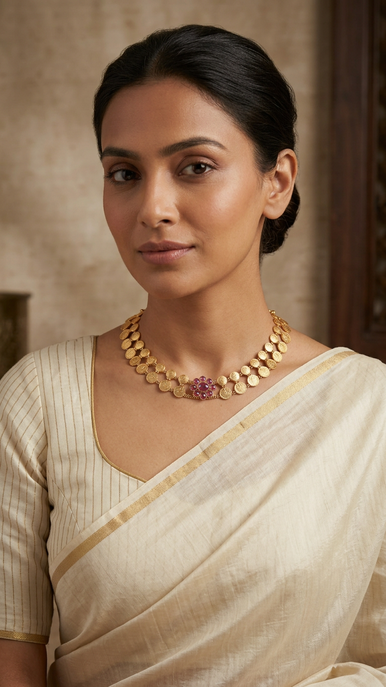 Traditional Double-Layered Matte Gold Kasu Mala & Ruby Floral Set