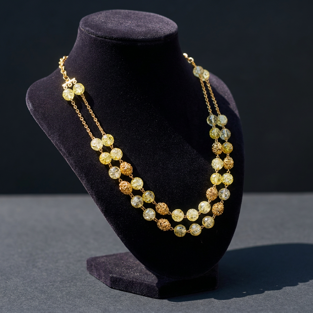 Traditional Lemon Yellow Crackle Glass & Gold Filigree Layered Mala