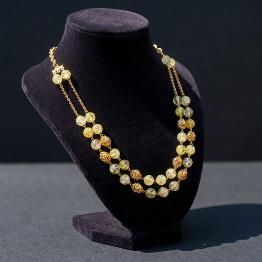 Traditional Lemon Yellow Crackle Glass & Gold Filigree Layered Mala