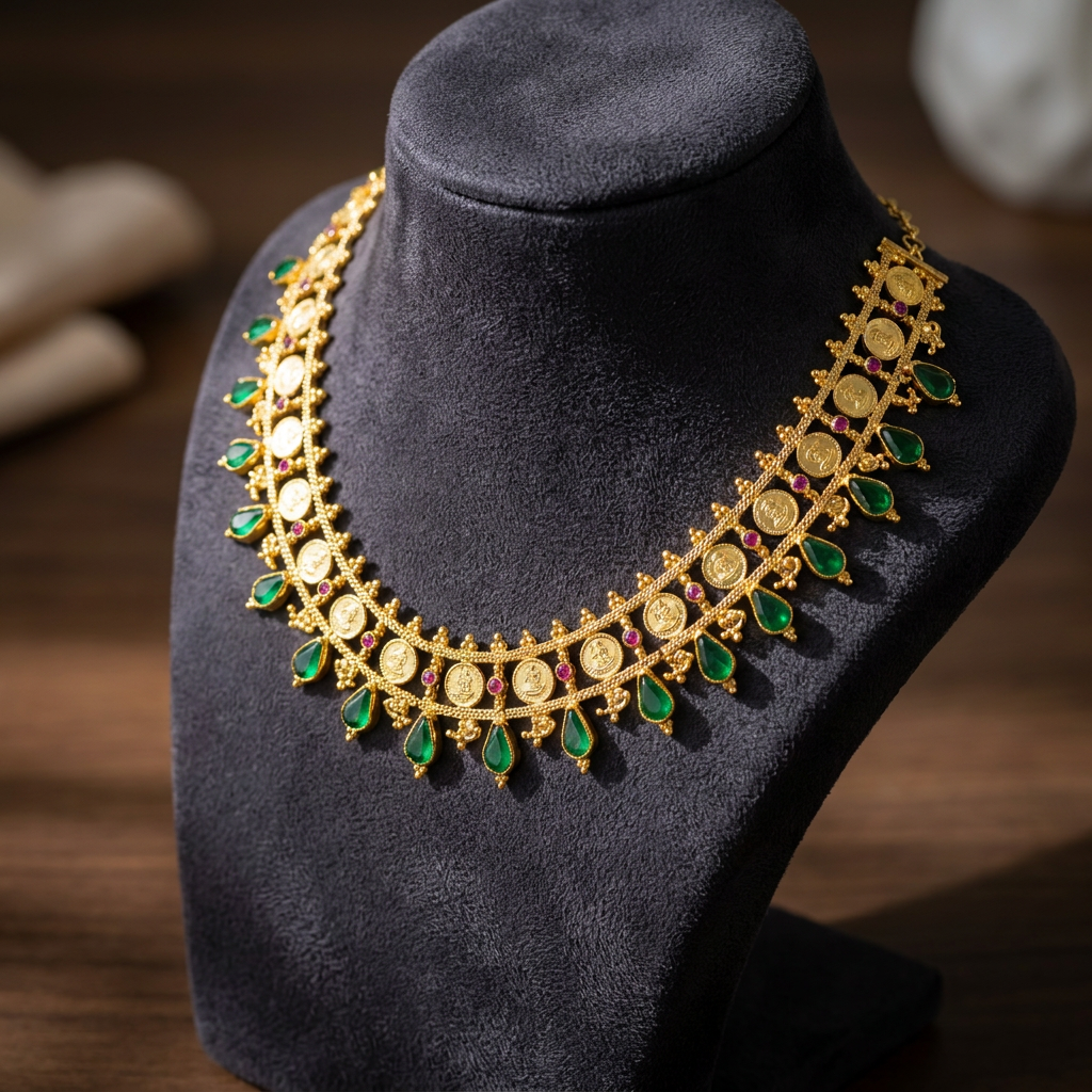 Haritha Palakka Lakshmi Coin Gold Collar Necklace