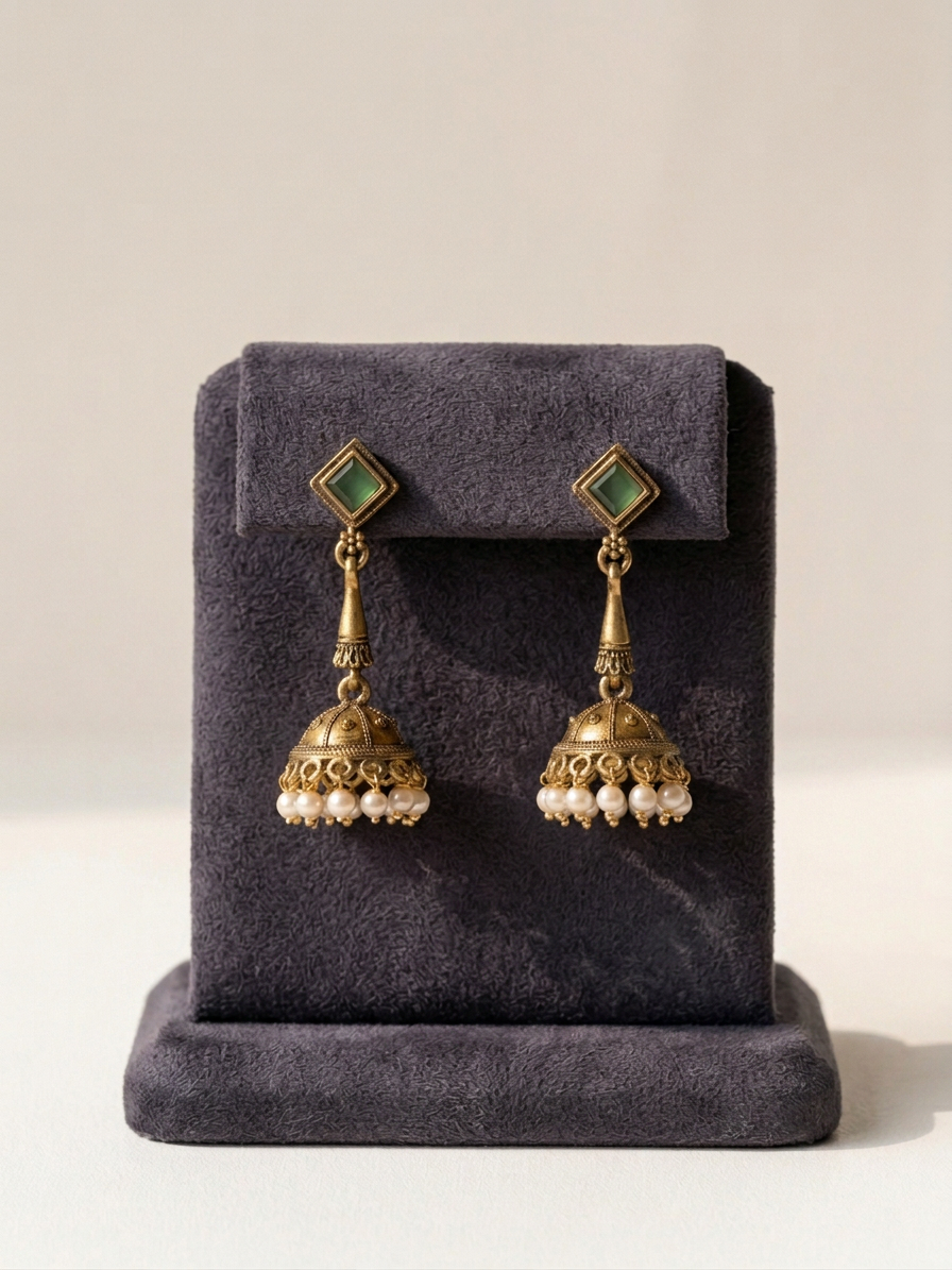 Rhombus Stone Antique Gold Pearl Jhumka Earrings
