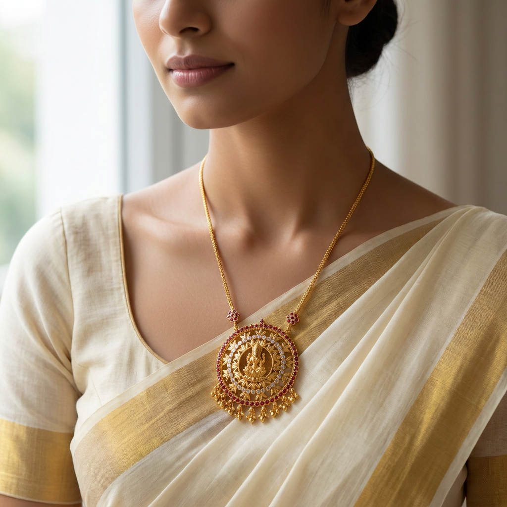 Chakrika Mahalakshmi Ruby & Zircon Gold Temple Pendant Necklace
