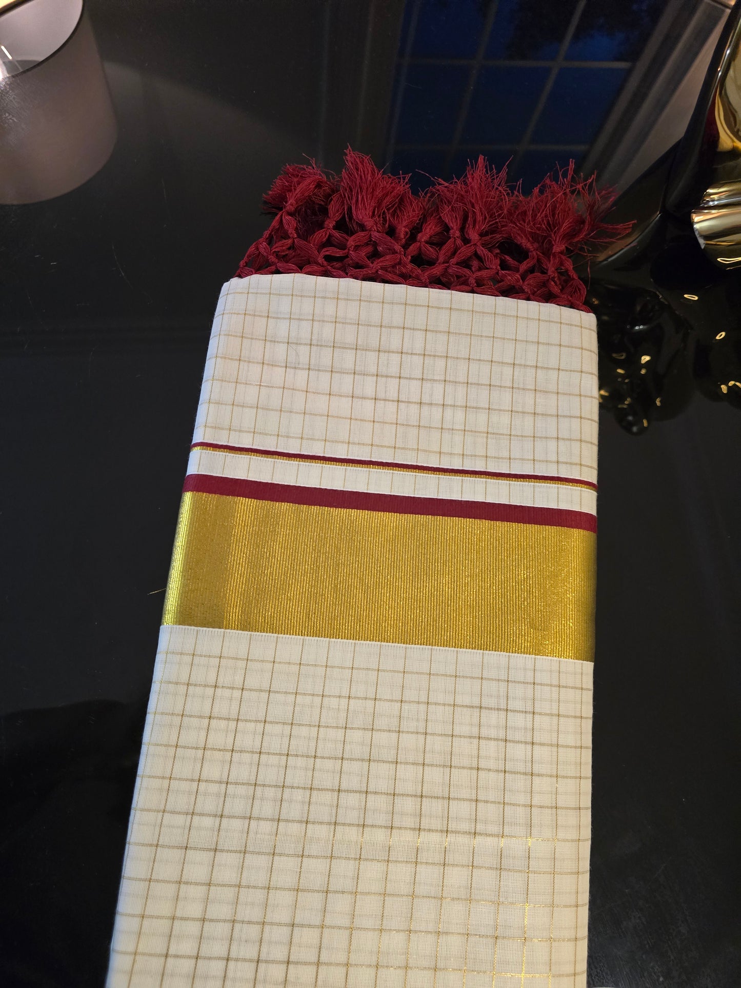 Kerala Kasavu Saree with Golden Checks