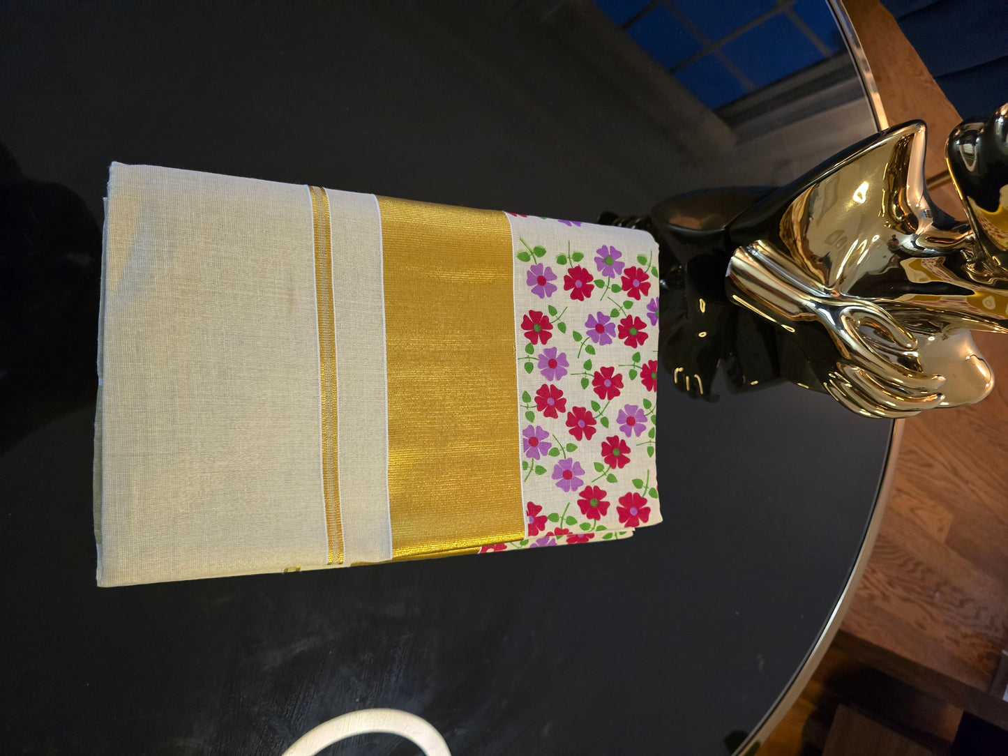 Kerala Floral Printed Tissue Saree with Golden Border
