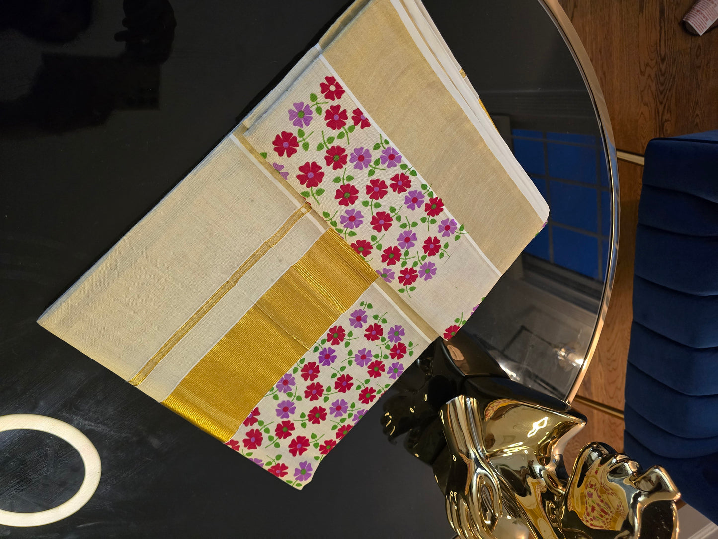 Kerala Floral Printed Tissue Saree with Golden Border