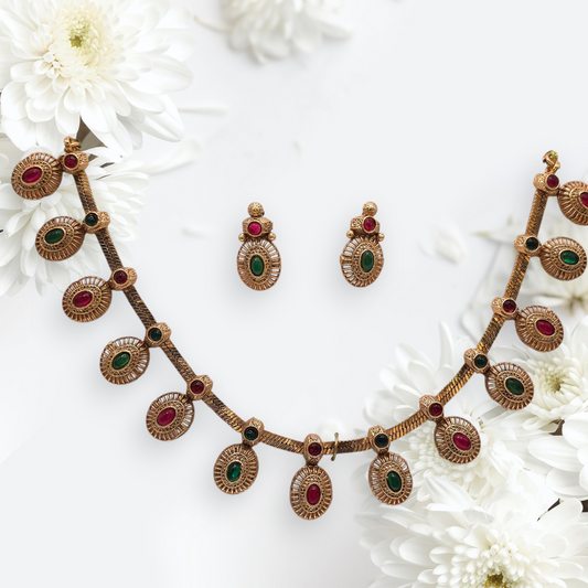 Gold Plated Necklace Set with Red & Green Stones