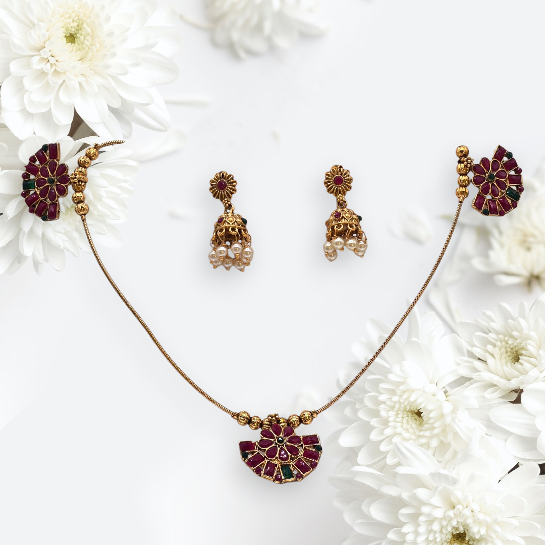 Floral Pendant Necklace Set with Jhumkas