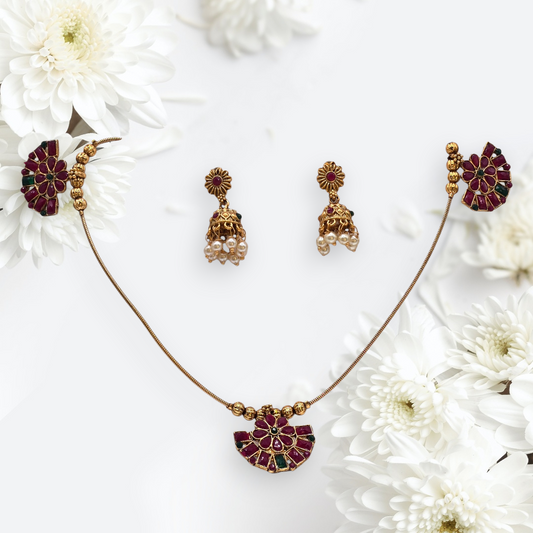 Floral Pendant Necklace Set with Jhumkas