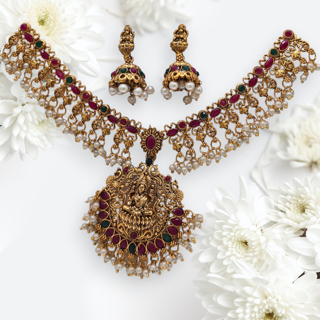 Goddess Lakshmi Temple Necklace Set with Pearls