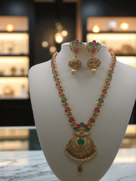 Necklace Set with Red  and Green Stoned