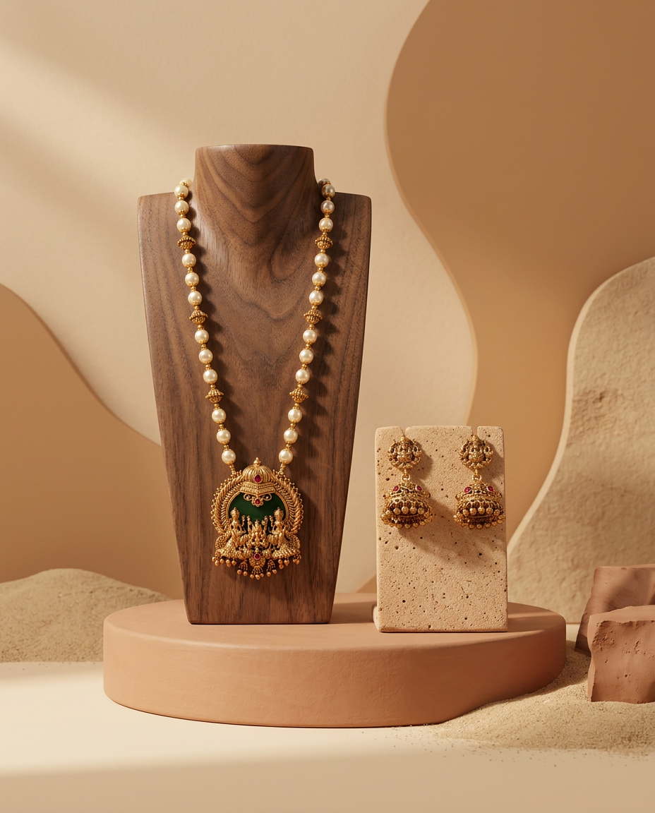 Antique Gold Temple Haram Necklace Set with Jhumkas