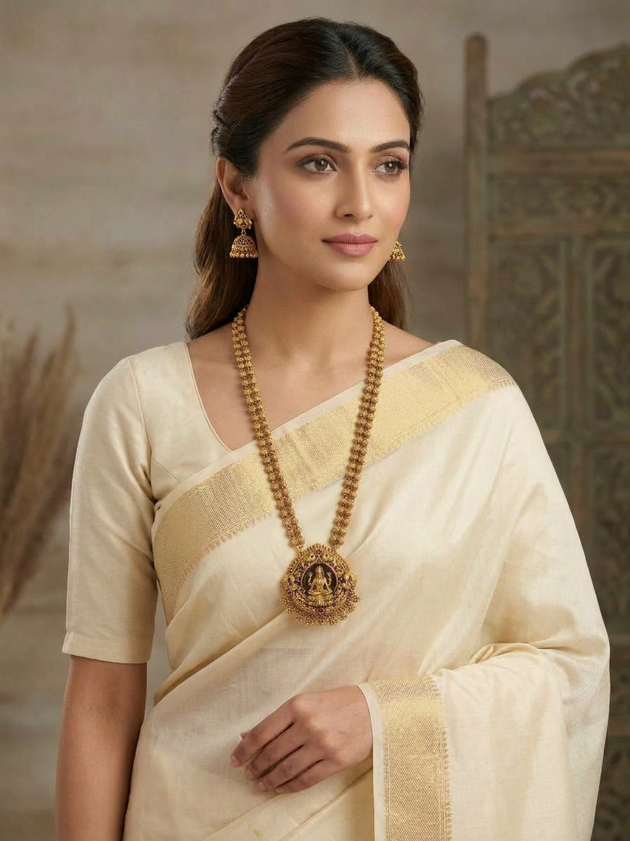 Antique Gold Dual-Strand Lakshmi Pendant Haram & Jhumka Set