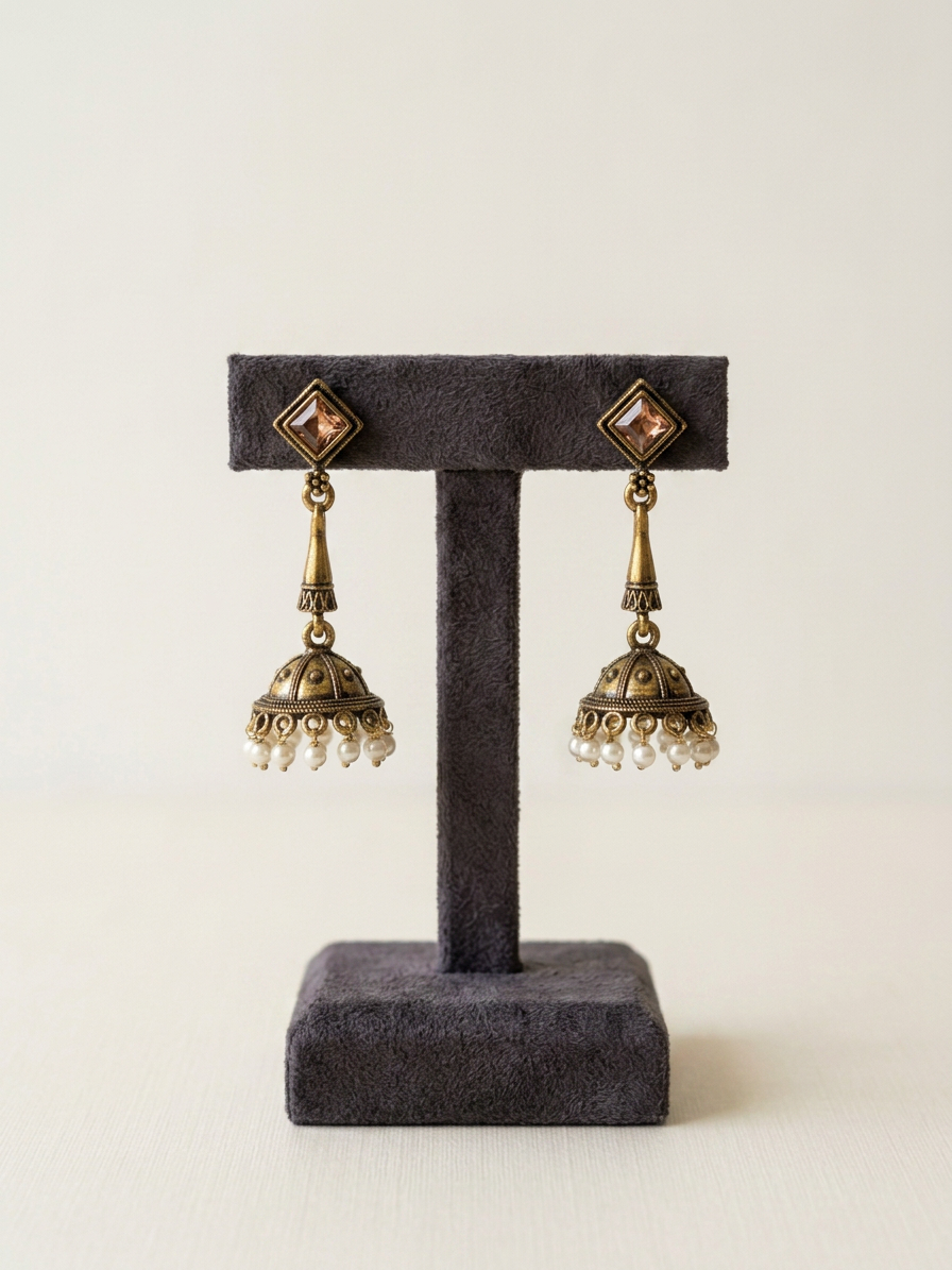 Rhombus Stone Antique Gold Pearl Jhumka Earrings