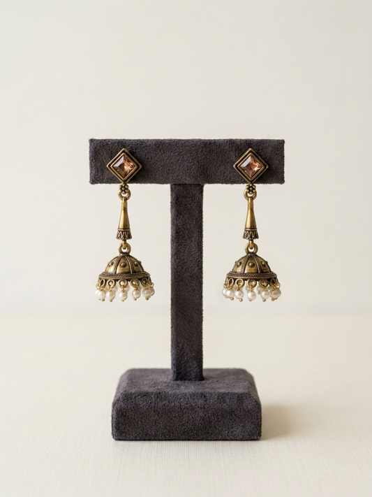 Rhombus Stone Antique Gold Pearl Jhumka Earrings