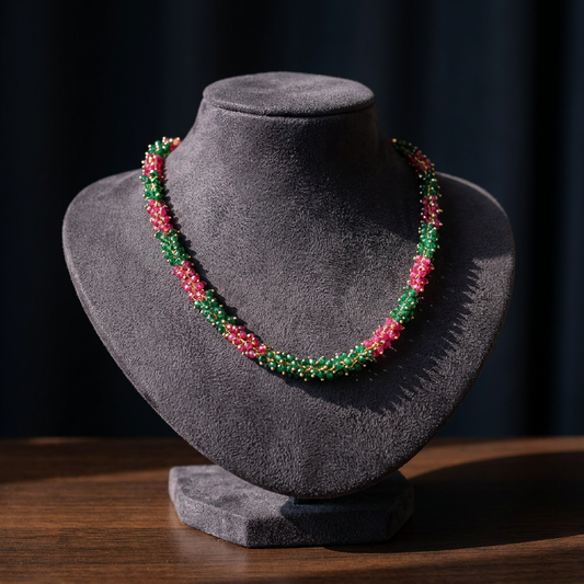Traditional Ruby & Emerald Woven Beaded Mala Necklace