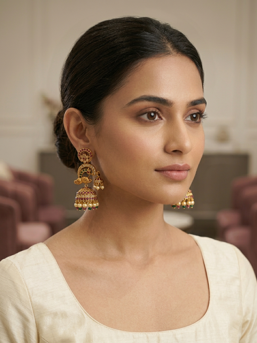 Antique Gold Peacock Double Jhumka Earrings